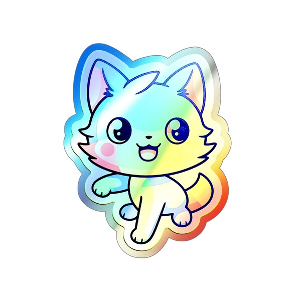 Vinyl Holographic Sticker - Cute Flying Cat with Rainbow Tail and Blue Eyes! A Fusion of Anime, 2D Game Art & Vibrant Spectrum for All Ages!