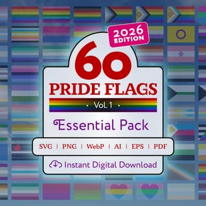 60枚のプライドフラッグSVGバンドル、LGBTQIAクリップアート、2026年更新（デジタルダウンロード）