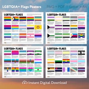 Printable LGBTQ Pride Flag Posters – Digital Download A4 / Letter – 60-Flag LGBTQIA+ Wall Art Set (4 png + pdf) – Instant Classroom Décor