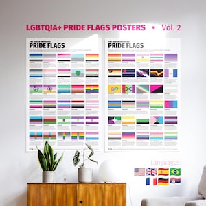 May include: Two posters on a white wall showcasing LGBTQIA+ pride flags, with the text "PRIDE FLAGS" and "Vol. 2". The posters are above a wooden cabinet with plants. The top text reads "LGBTQIA+ PRIDE FLAGS POSTERS".