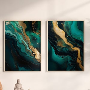 May include: Two framed abstract art prints featuring a teal and gold colour scheme. The prints are hanging on a white wall above a wooden shelf with decorative items.