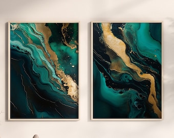 Puede incluir: Dos impresiones de arte abstracto enmarcadas con un esquema de color verde azulado y dorado. Las impresiones están colgadas en una pared blanca sobre un estante de madera con artículos decorativos.