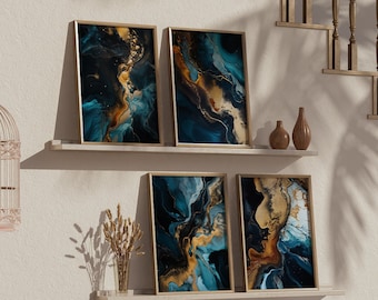 Puede incluir: Cuatro pinturas abstractas con patrones de remolinos azules, dorados y negros se exhiben en un estante blanco contra una pared beige. Las pinturas están enmarcadas en un marco delgado dorado. Una jaula para pájaros con dos pájaros pequeños cuelga del techo.