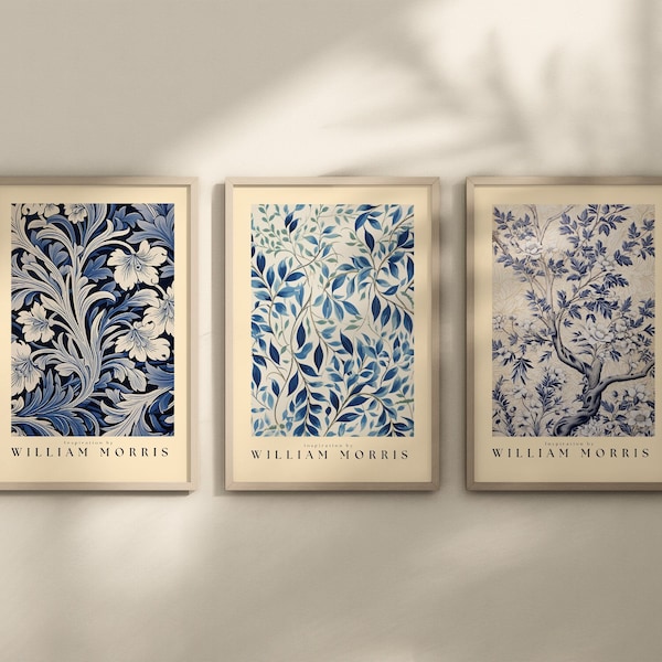 William Morris, lot de 3 affiches, couleur bleu, art floral bleu,