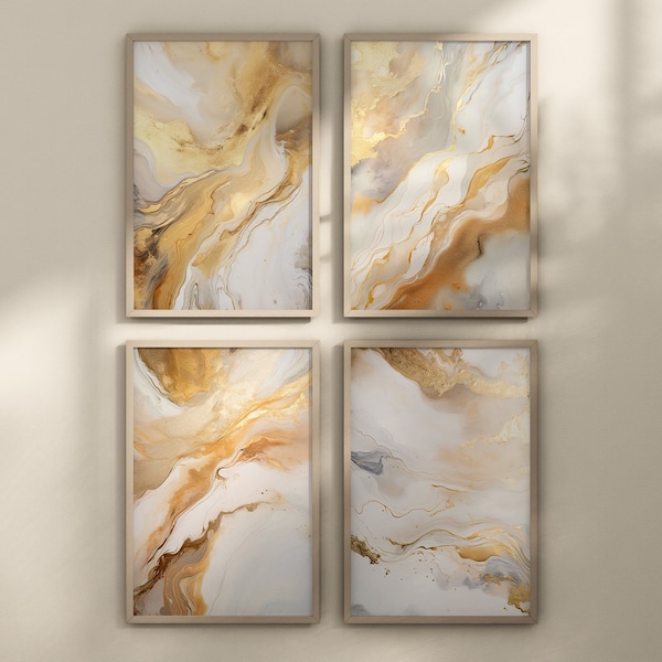 Ensemble de 4 posters art moderne blanc et or, art contemporain. Effet à l'encre fluide, effet marbre. Glam poster