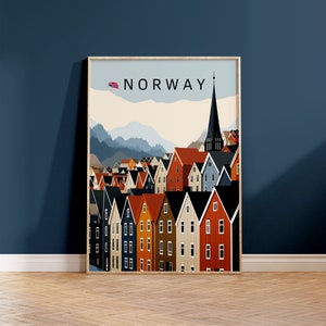 Affiche de voyage de Norvège Bergen, impressions des fjords de Norvège, téléchargement instantané, maisons bryggen