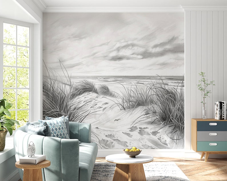 Papier peint panoramique dunes et plage en Noir et Blanc image 2