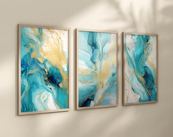 Puede incluir: Tres impresiones de arte abstracto enmarcadas con un diseño de mármol azul y dorado. Las impresiones están en un marco de madera claro y están colgadas en una pared blanca.
