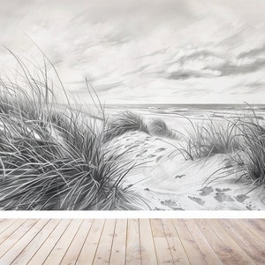 Papier peint panoramique dunes et plage en Noir et Blanc image 6