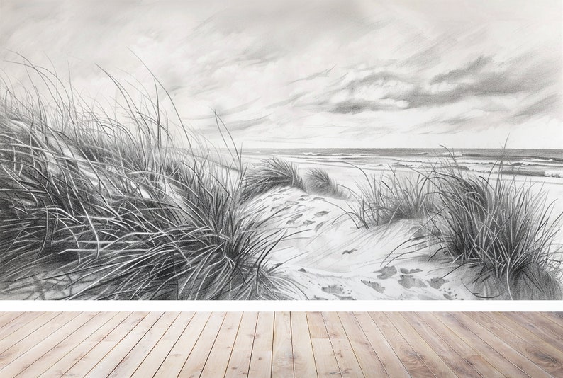 Papier peint panoramique dunes et plage en Noir et Blanc image 6