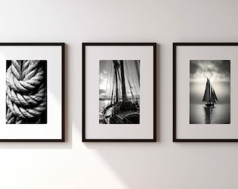 Galerie mit 3 Schwarz-Weiß-Fotos von Segelbooten und nautischen Knoten, nautische Kunst, Segelboot-Wandkunst, Meeres-Wandkunst.