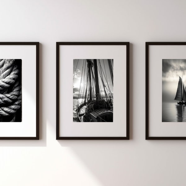 gallery of 3 black and white photos of sailboats and nautical knots, nautical art, sailboat wall art, ocean wall art.