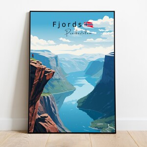 Norway travel poster, Fjords, Preikestolen Cliffs, Norway fjords prints, instant download.