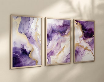 Tríptico morado y dorado de arte mural moderno y moderno. Impresión mural abstracta con líneas fluidas, mezcla de tintas.