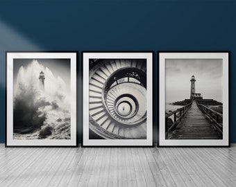 Set of 3 Black and White Photos – Lighthouse, Spiral Staircase, Pier – Digital Download – Modern Wall Decoration - triptych