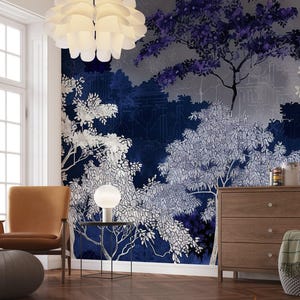 Nachtgarten-Panorama-Tapete – Mystic Blue | Luxuriöse Wanddekoration