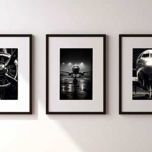set of 3 photos of airplanes, black and white aviation wall art. Character wall decoration with this triptych