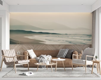 Papel pintado con vista al mar – Panorama brumoso de la playa y las montañas