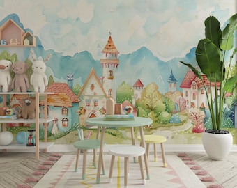 Papier Peint Village Fantastique pour Enfants | Évasion Imaginaire - chambre d'enfant - décor coloré aquarelle