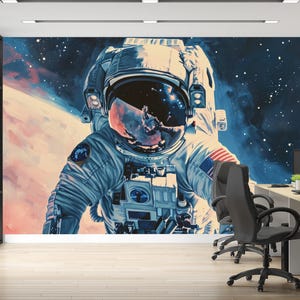 Carta da parati astronauta cosmico - Murale spaziale stellato - Arte da parete Avventura galattica - Decorazione per esplorazione spaziale - NAS