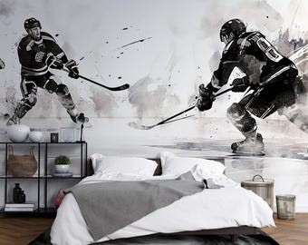Ice Hockey Wallpaper in Black and White - Peel and Stick Panoramic Sports Mural - Dynamic Teen Room Wall Decor