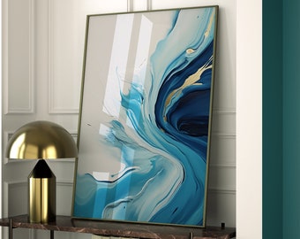 Nowoczesne malarstwo abstrakcyjne w kolorze niebieskim, białym i złotym. farba z efektem marmuru. Mieszany efekt farby, rafa koralowa. druk artystyczny na ścianie