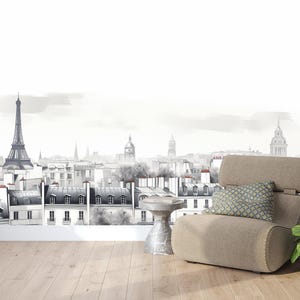 Carta da parati panoramica di Parigi - Skyline monocromatico - Murale urbano chic - Vista artistica della città - Arredamento elegante - Bianco e nero
