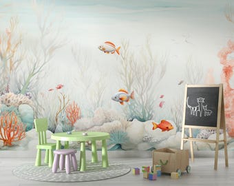 Coral Reef and Fish Wallpaper - Peel and Stick Watercolor Underwater Mural for Kids Room - Colorful Ocean Wall Decor