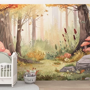 Carta da parati Foresta incantata - Decorazione murale con fata autunnale - Arte da parete con natura magica - Decorazione fantasy con funghi