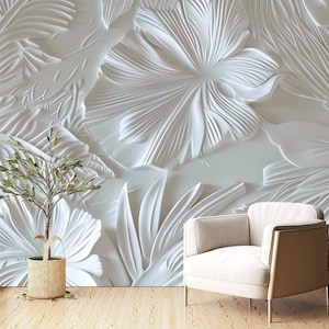 White carved floral elegance - 3D wallpaper