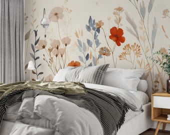 Papel pintado panorámico de flores silvestres en tonos pastel - Mural de flores silvestres - Decoración de pared suave y natural