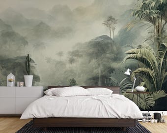 Tropical Jungle Panoramic Wallpaper – Mystical Misty Forest – Lush Landscape Wallpaper – Chic Botanical Equatorial Ambianc