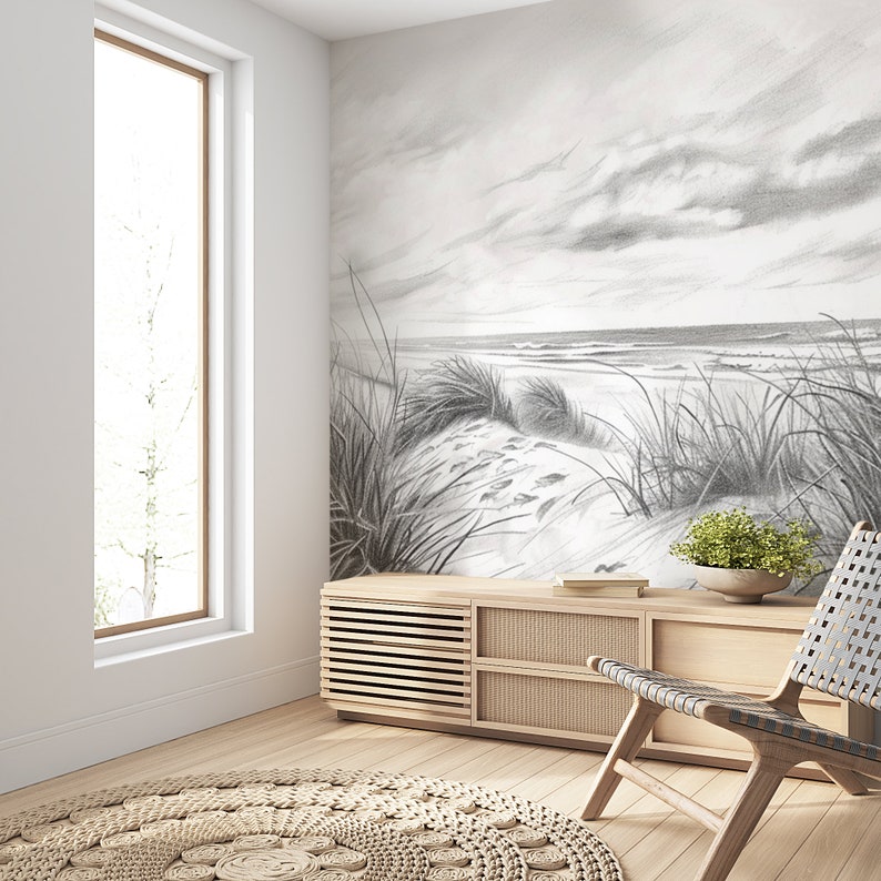 Papier peint panoramique dunes et plage en Noir et Blanc image 5