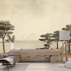 Pine Tree Landscape Panoramic Wallpaper - Soothing Wall Decor, Serene Atmosphere, Vintage Mediterranean Landscape, Modern Rustic Desig