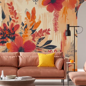 Peut inclure: Une peinture murale présentant un motif floral à grande échelle dans des tons de rouge, orange et bleu foncé sur un fond pêche clair. Le design comprend des fleurs et des feuillages stylisés avec des textures de coups de pinceau.