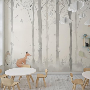 Carta da parati volpi nel bosco - Decorazione per la cameretta dei bambini - Decorazione morbida e colori neutri