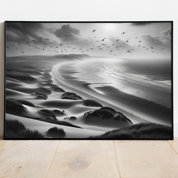 Photographie Noir et blanc d'une plage et vol d'oiseaux - grand format - art mural élégant et serein