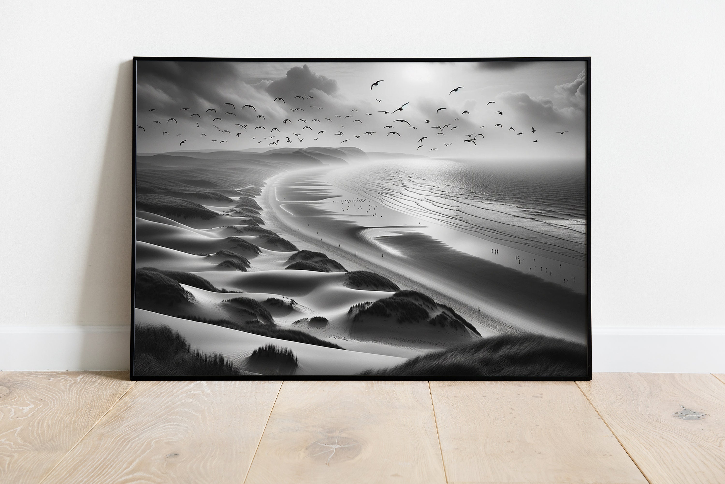 Black and white photography of a beach and flock of birds - large format - elegant and serene wall art