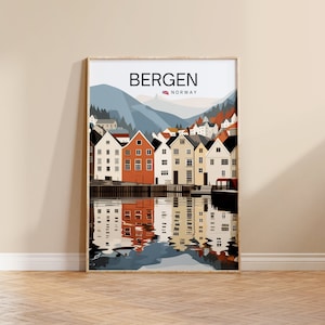 Affiche de voyage de Norvège Bergen, impressions des fjords de Norvège, téléchargement instantané, maisons bryggen