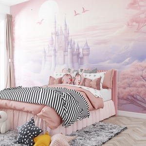 Carta da parati Castello incantato - Decorazione camera da letto per ragazze - Murale con fata in fiore di ciliegio - Magia e sogno
