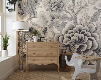 Papier Peint Floral Gris - Murale Grandes Fleurs - Décor Vintage - Tendance Bohème - Papier Mural Romantique - Revêtement Floral Élégant