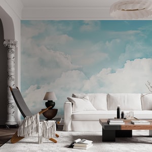Carta da parati con cielo nuvoloso - Murale Zen celeste - Ambiente morbido - Nuvole fluttuanti tranquille - Decorazione blu celeste - Rilassamento visivo