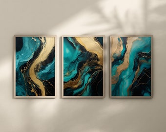 Puede incluir: Tres pinturas abstractas enmarcadas con un esquema de color azul verdoso y dorado. Las pinturas presentan patrones de mármol en espiral en tonos de azul verdoso, dorado y negro.