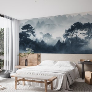 Papier peint panoramique Silhouettes forestières Elégance brumeuse image 1