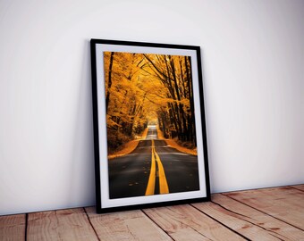 Autumn decor photography, road in an autumn forest printable poster