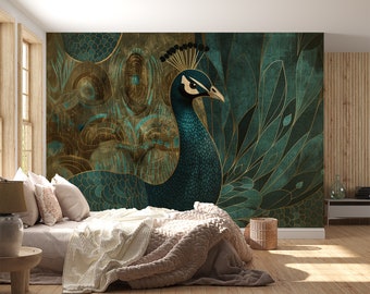 Papier peint paon en or et vert - décoration luxe et nature