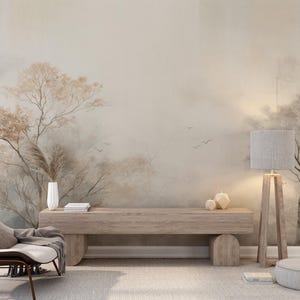 Watercolor Mist Tree Panoramic Wallpaper - Elegant Nature, Gray Shades, Subtle Decoration, Zen Trend, Peaceful Landscap