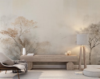 Watercolor Mist Tree Panoramic Wallpaper - Elegant Nature, Gray Shades, Subtle Decoration, Zen Trend, Peaceful Landscap