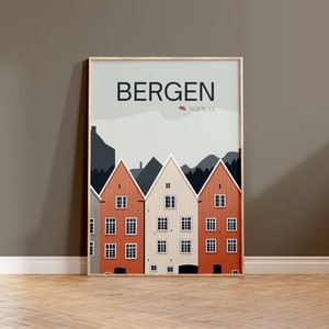 Affiche de voyage de Norvège Bergen, impressions des fjords de Norvège, téléchargement instantané, maison bryggen