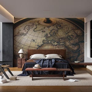 World of yesterday - panoramic wallpaper vintage world map - terrestrial globe - old ma